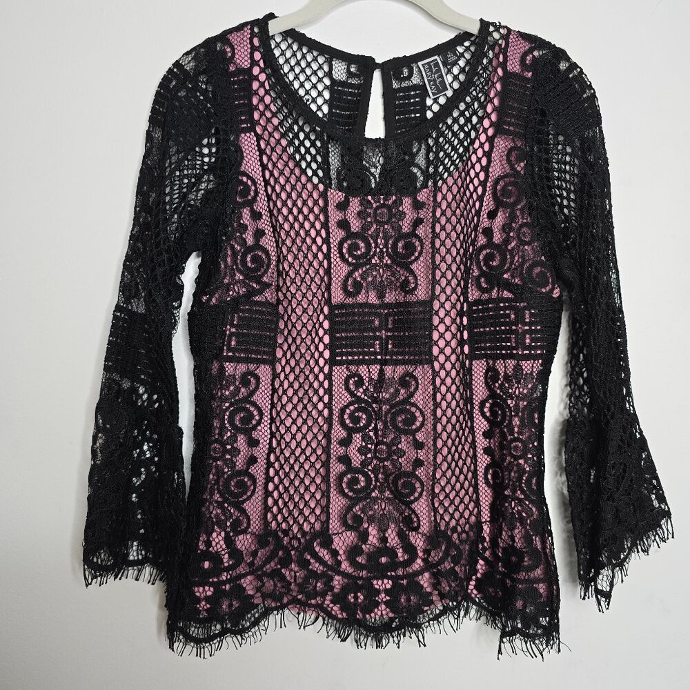Vintage Top Blouse Small Pink Black Lace Whimsigoth Witchy Mary Kay Nicole Mille